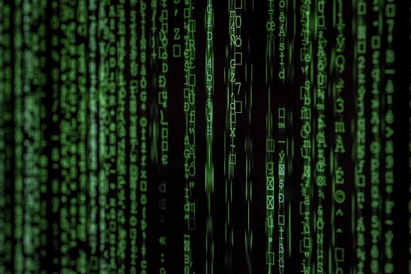 Digital matrix and network visualization showing data streams and cyber attack vectors in a cyberpunk style